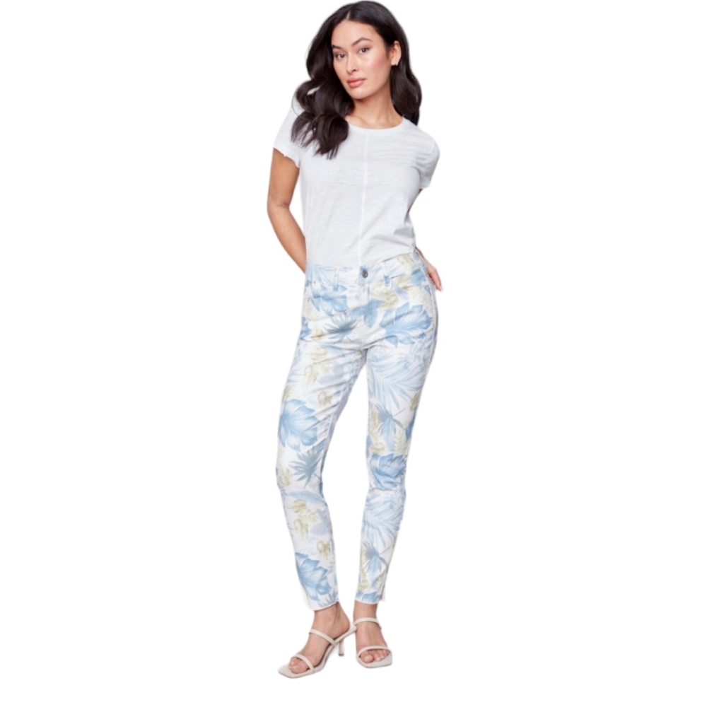 Charlie B Tropical Floral Blue White Ankle Pants Boho Coastal, Whimsical, size 4